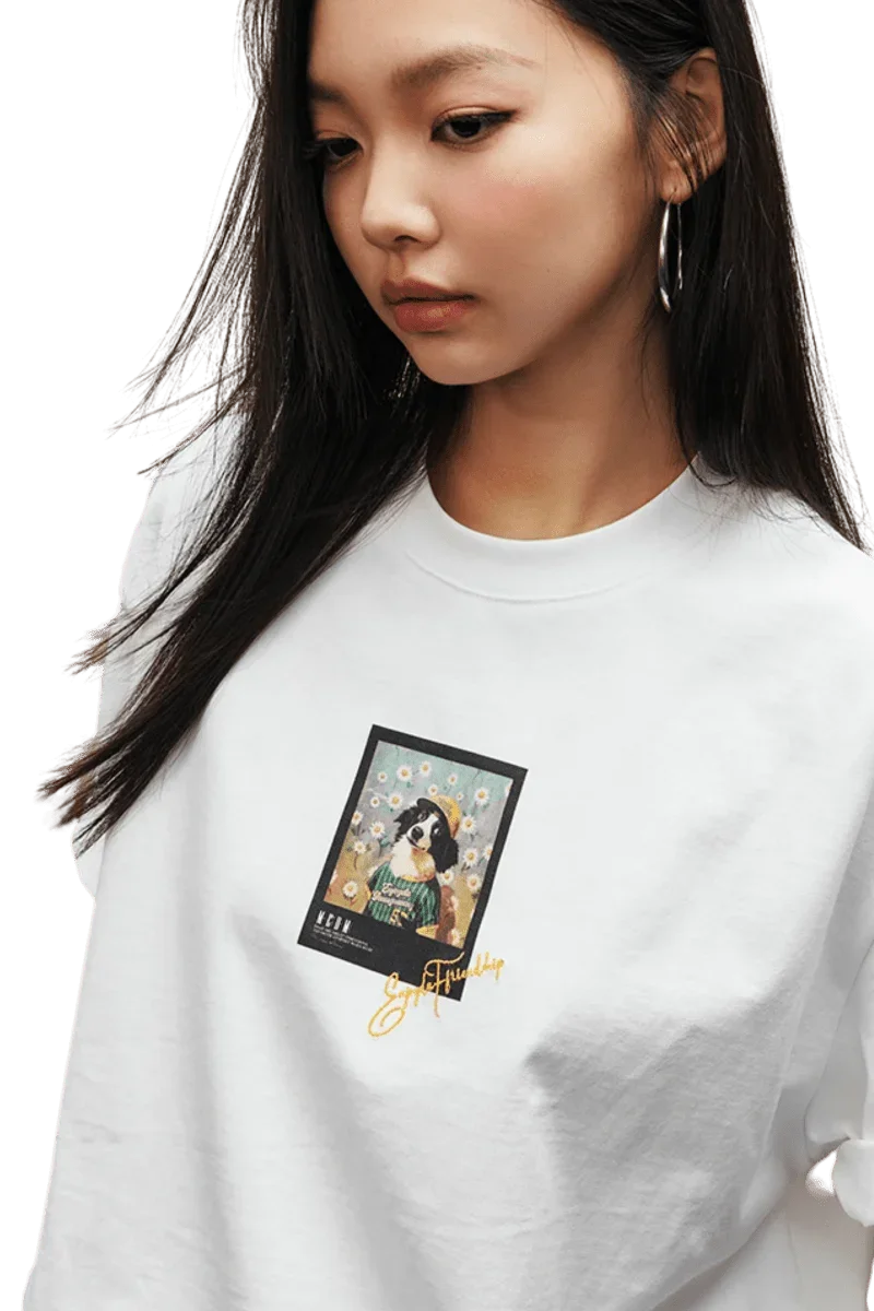MEDM SS25 Dog Polaroid Tee featuring a stylish design on a white t-shirt for casual wear
