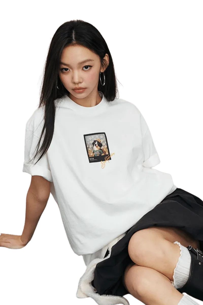 Ms Enjoy Da Money MEDM SS25 Dog Polaroid Tee in white featuring a unique graphic design