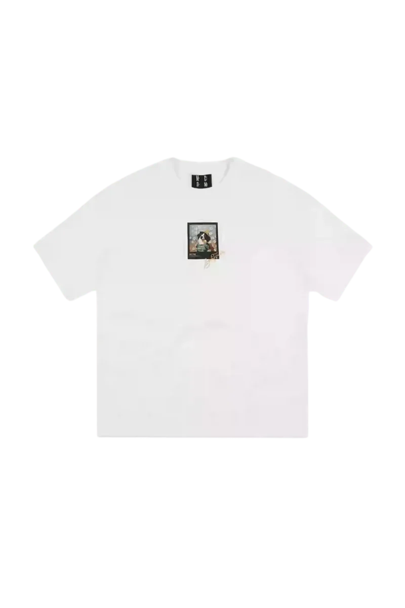 MEDM SS25 Dog Polaroid Tee in white featuring a unique graphic design on the front