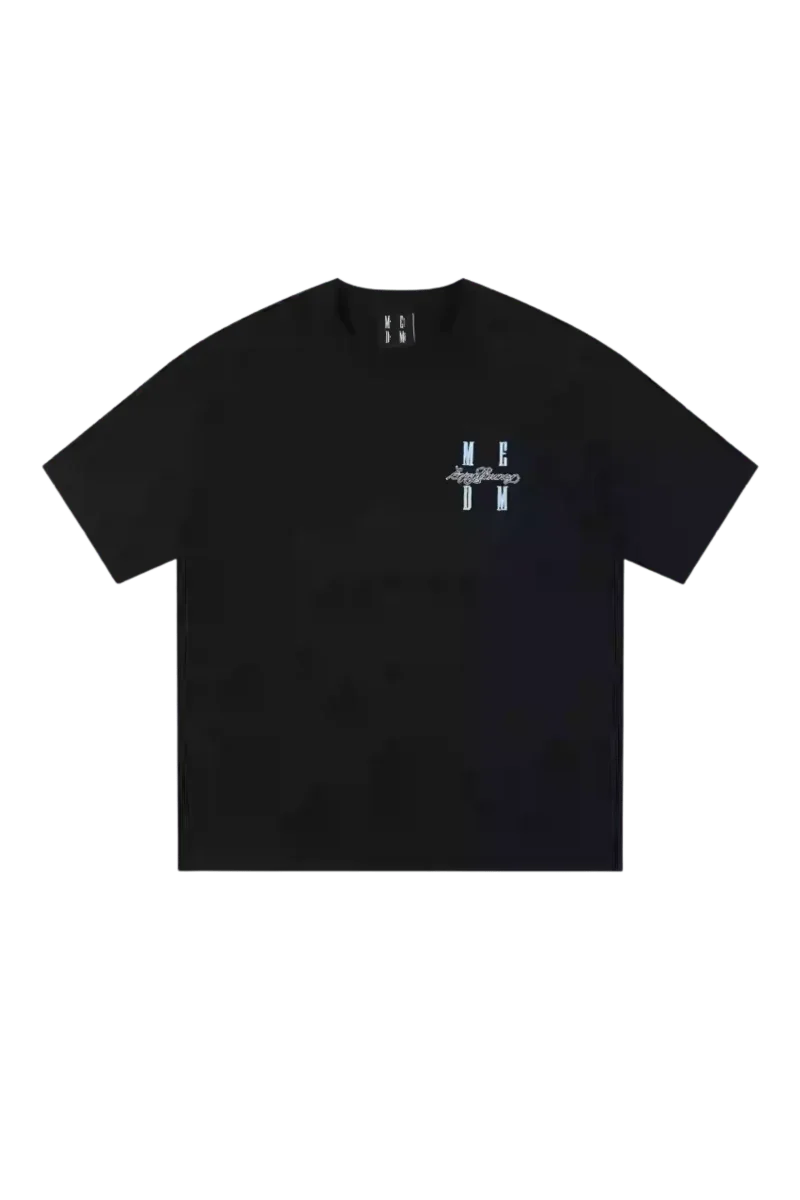 Black MEDM SS25 Felt Embossed Basic Tee by Mr Enjoy Da Money with unique embossed logo design