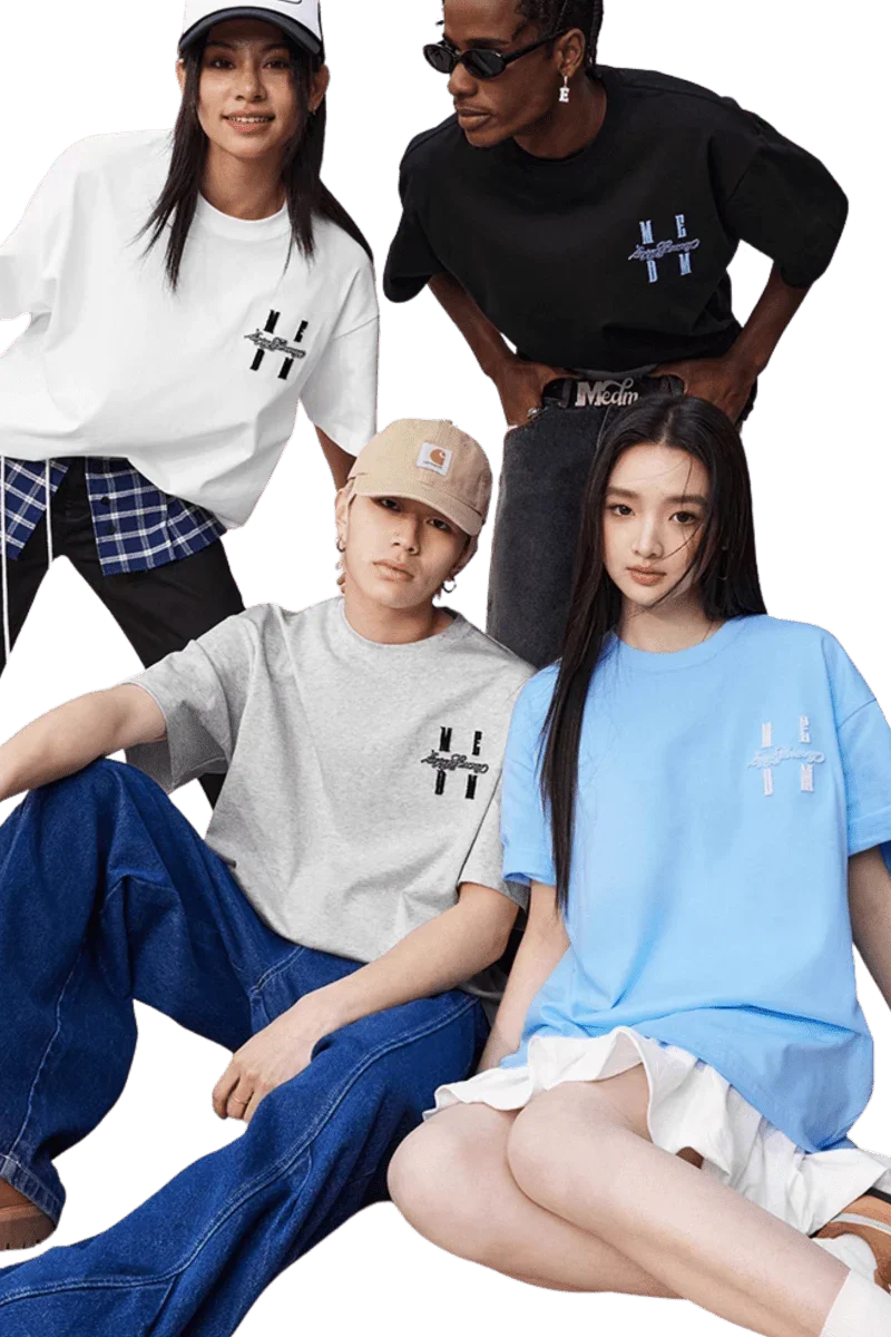 Group of models wearing MEDM SS25 Felt Embossed Basic Tee in various colors and styles, showcasing casual fashion