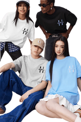 Group of models wearing MEDM SS25 Felt Embossed Basic Tee in various colors and styles, showcasing casual fashion