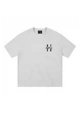 MEDM SS25 Felt Embossed Basic Tee in light gray featuring a bold logo design on the front.
