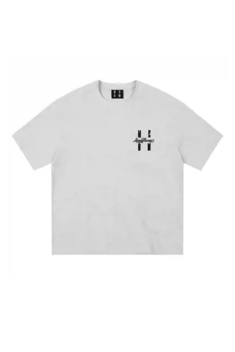 MEDM SS25 Felt Embossed Basic Tee in light gray featuring a bold logo design on the front.