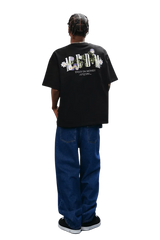 MEDM SS25 Floral Embroidery Tee in black with colorful embroidered design on the back
