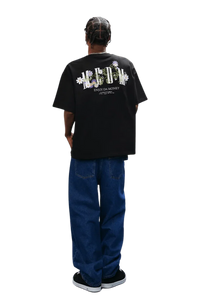 MEDM SS25 Floral Embroidery Tee in black with colorful embroidered design on the back