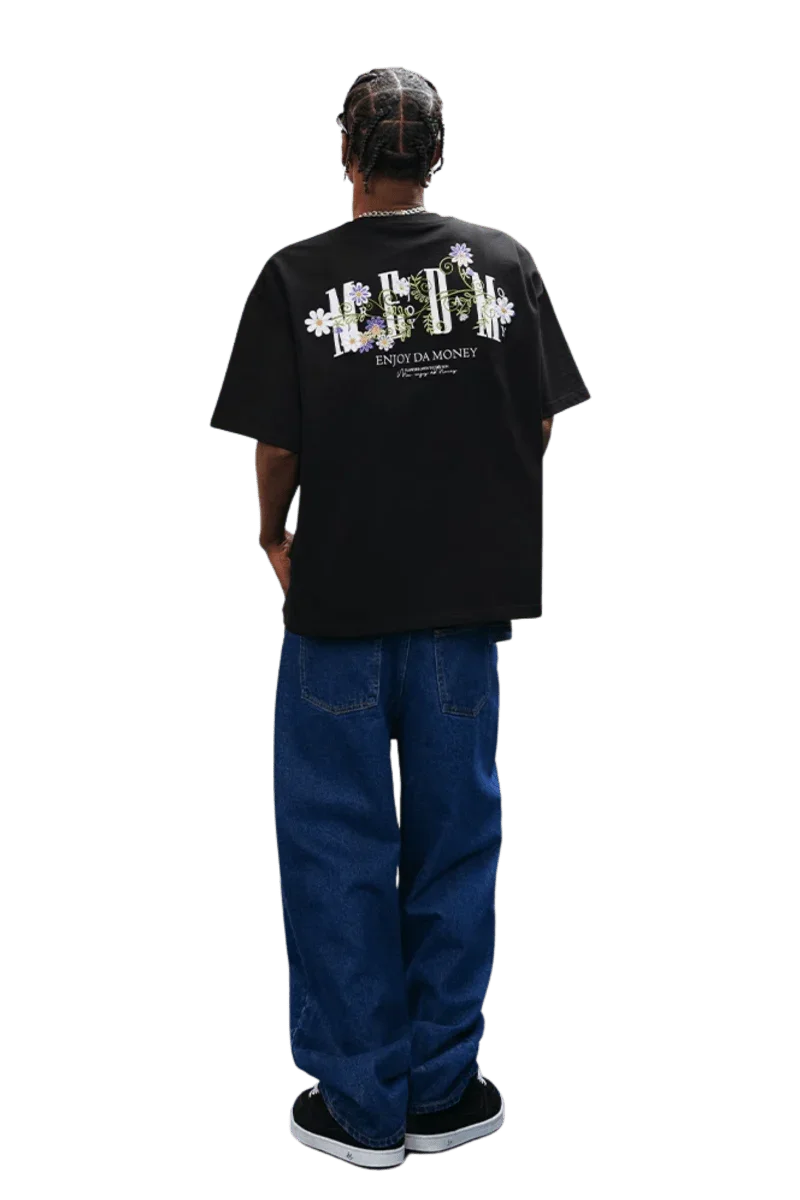 MEDM SS25 Floral Embroidery Tee in black with colorful embroidered design on the back