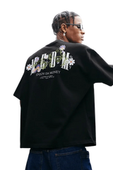MEDM SS25 Floral Embroidery Tee in Black with Unique Floral Design on the Back
