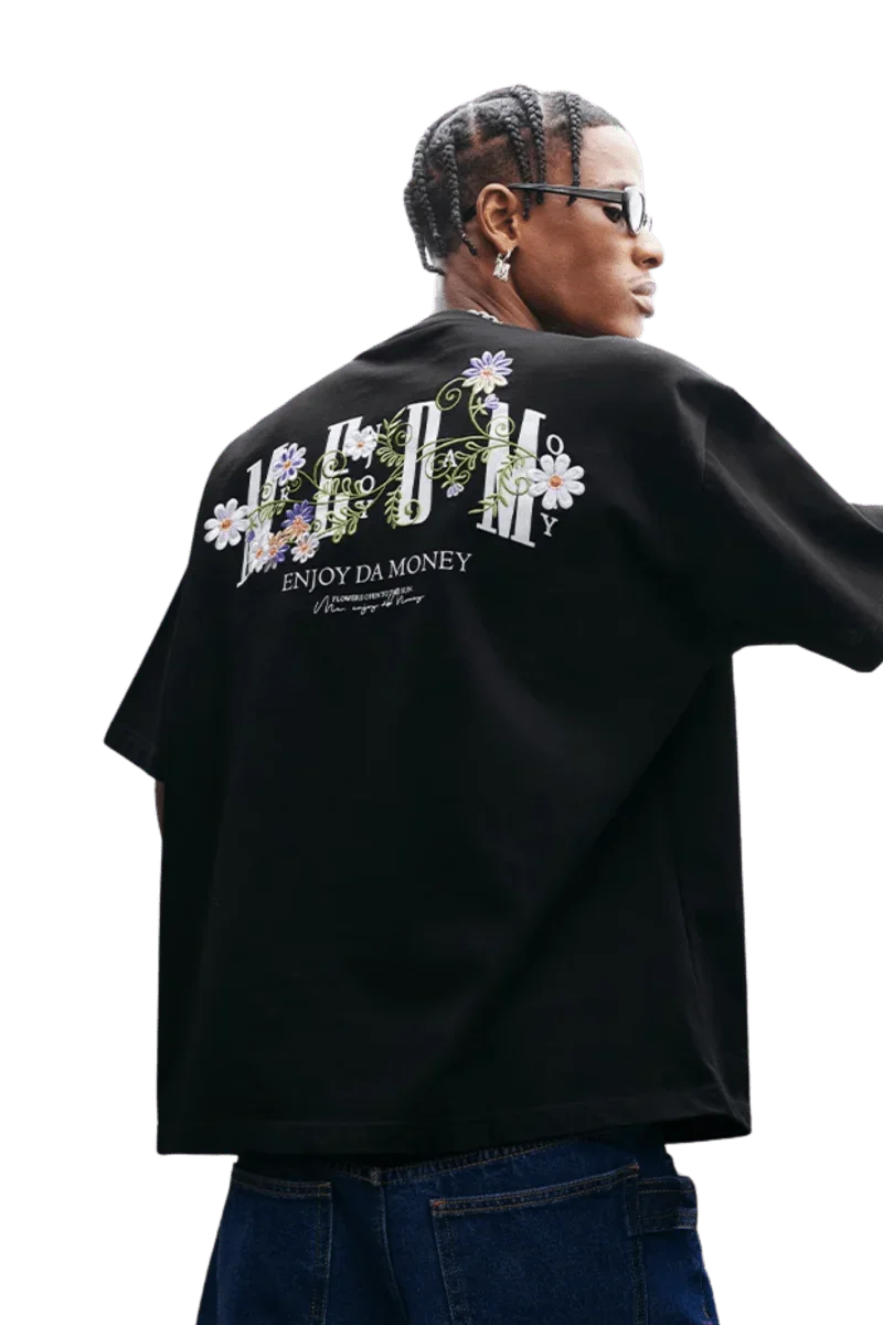 MEDM SS25 Floral Embroidery Tee in Black with Unique Floral Design on the Back