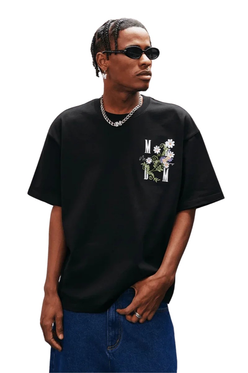 MEDM SS25 Floral Embroidery Tee in Black with Stylish Design and Casual Fit