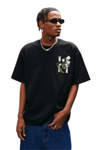 MEDM SS25 Floral Embroidery Tee in Black with Stylish Design and Casual Fit