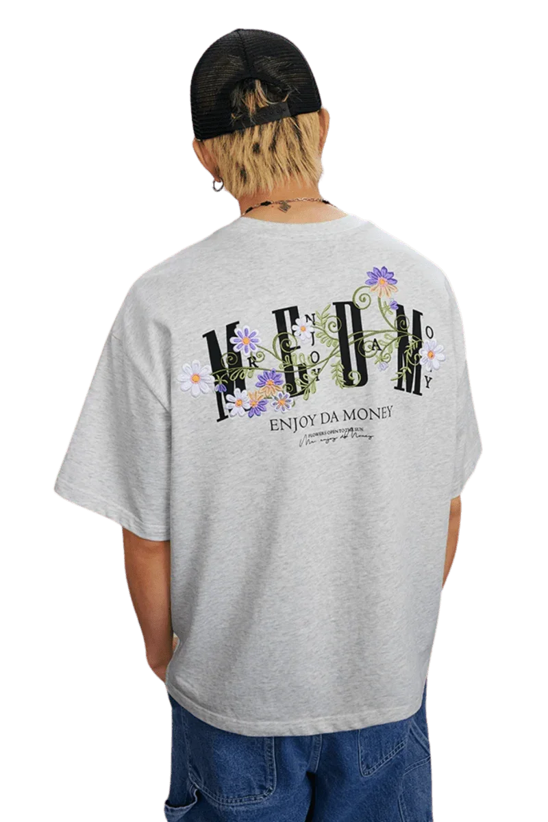 MEDM SS25 Floral Embroidery Tee in gray with colorful design on the back for stylish casual wear