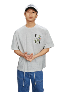 MEDM SS25 Floral Embroidery Tee in Gray featuring logo and colorful embroidery detail