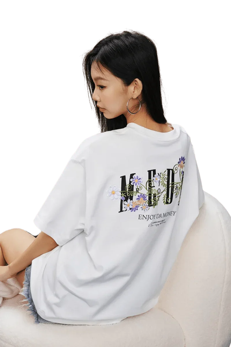 MEDM SS25 Floral Embroidery Tee in white featuring vibrant floral design on the back