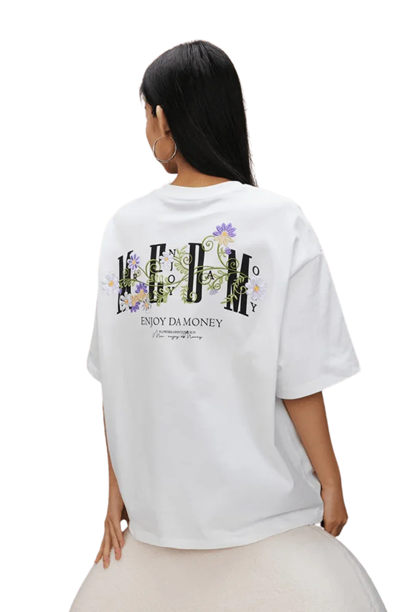 Back view of a white MEDM SS25 Floral Embroidery Tee by Mr Enjoy Da Money featuring colorful floral designs