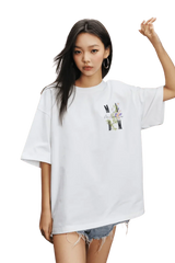 MEDM SS25 Floral Embroidery Tee in White with oversized fit and stylish floral design