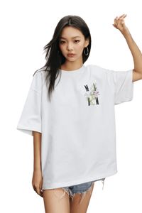 MEDM SS25 Floral Embroidery Tee in White with oversized fit and stylish floral design