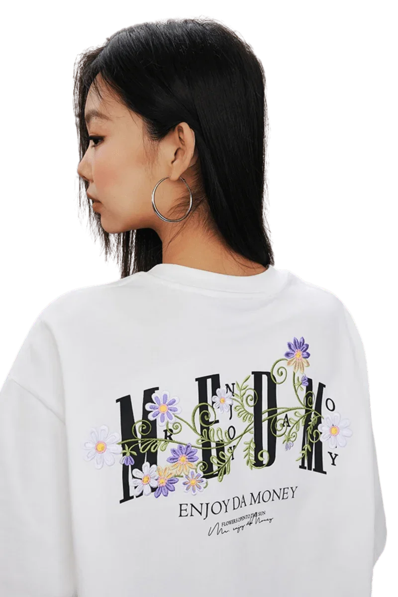 MEDM SS25 Floral Embroidery Tee featuring vibrant floral designs on a white background