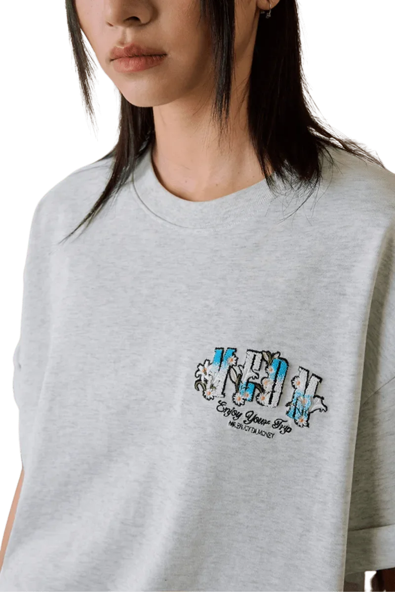 MEDM SS25 Floral Felt Embossed Tee in grey with stylish graphic design for casual wear