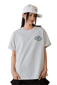 MEDM SS25 Floral Felt Embossed Tee in grey, featuring a stylish design and relaxed fit