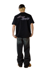 Men's black MEDM SS25 Four Color Velvet Embossed Tee featuring a stylish back design by Mr Enjoy Da Money