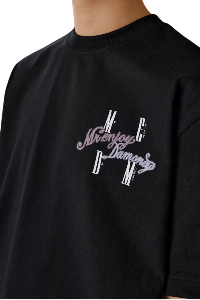MEDM SS25 Four Color Velvet Embossed Tee in black featuring stylish logo design for a modern look