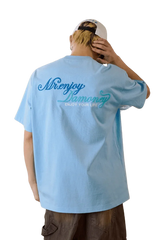 MEDM SS25 Four Color Velvet Embossed Tee in light blue with stylish logo on the back
