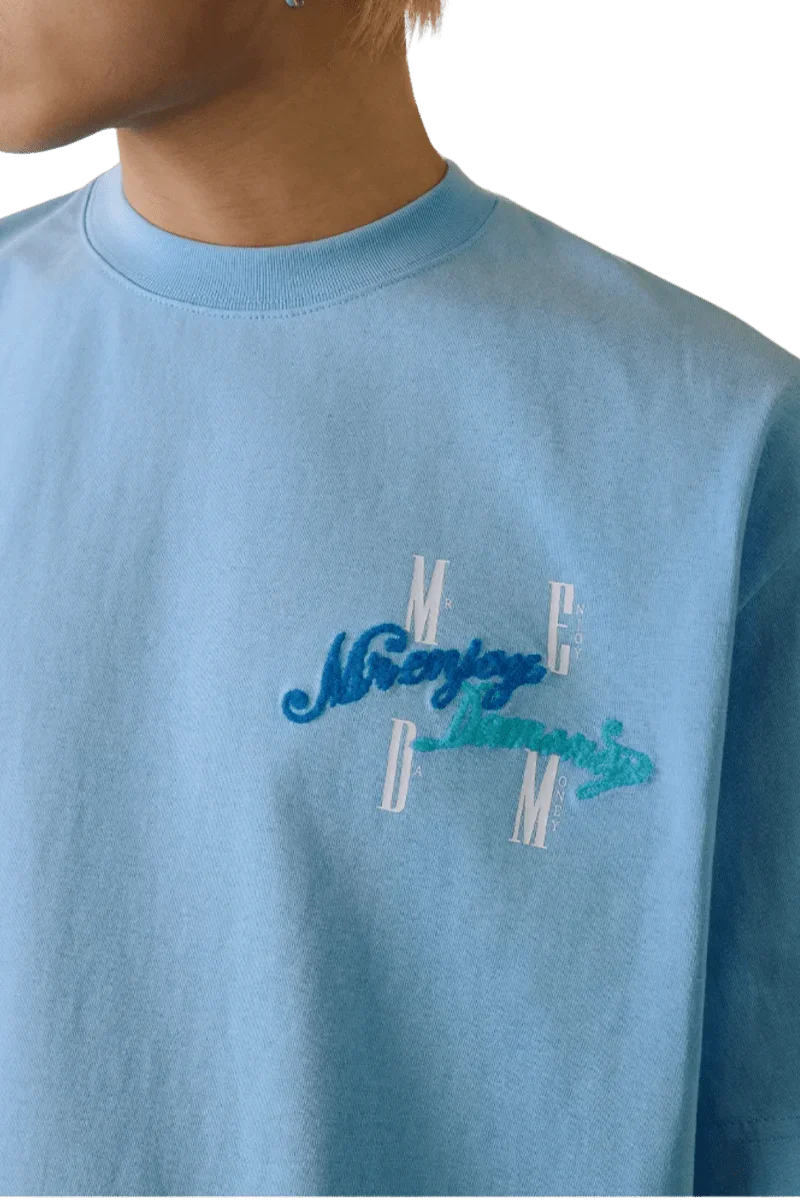 MEDM SS25 Four Color Velvet Embossed Tee in Blue with stylish logo detail