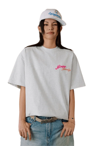 MEDM SS25 Four Color Velvet Embossed Tee displayed on a model with a relaxed fit and vibrant branding