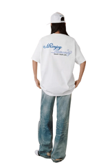 MEDM SS25 Four Color Velvet Embossed Tee in white with graphic logo on the back for casual wear