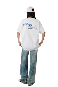MEDM SS25 Four Color Velvet Embossed Tee in white with graphic logo on the back for casual wear