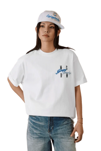 MEDM SS25 Four Color Velvet Embossed Tee in White with Mr Enjoy Da Money logo for stylish casual wear