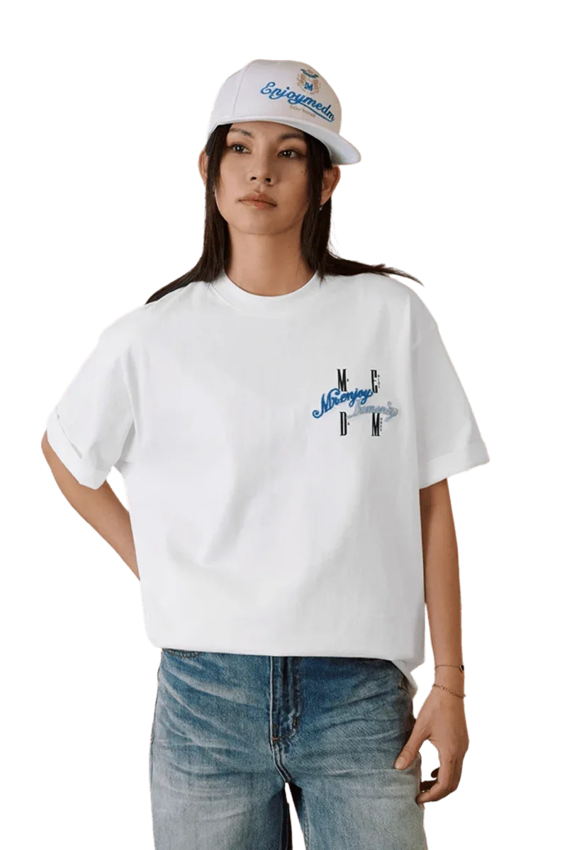 MEDM SS25 Four Color Velvet Embossed Tee in White with Mr Enjoy Da Money logo for stylish casual wear
