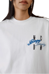 MEDM SS25 Four Color Velvet Embossed Tee in white featuring colorful logo design
