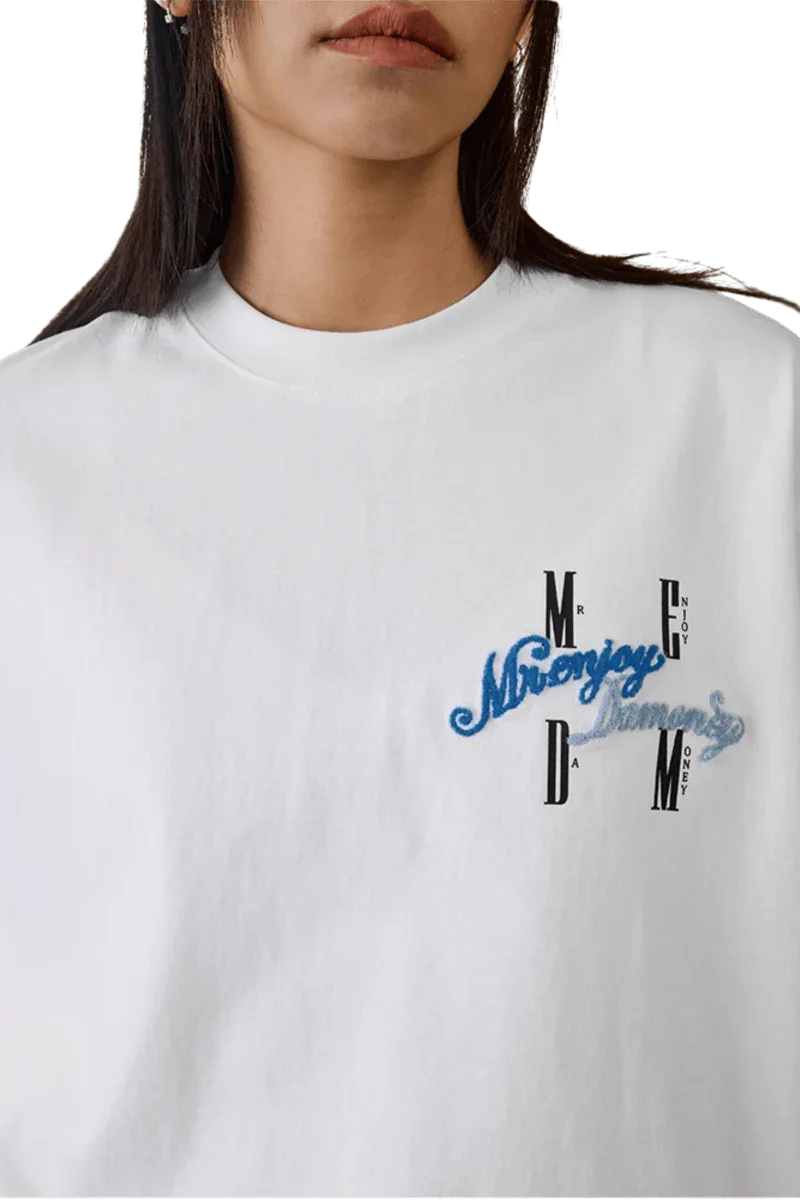 MEDM SS25 Four Color Velvet Embossed Tee in white featuring colorful logo design