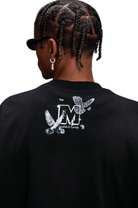 MEDM SS25 Lace Pigeon Gem Tee featuring artistic pigeon design on a black background