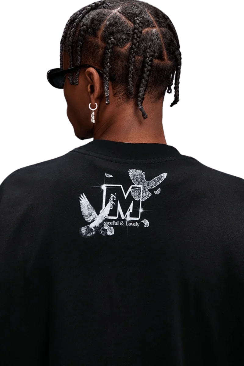 MEDM SS25 Lace Pigeon Gem Tee featuring artistic pigeon design on a black background
