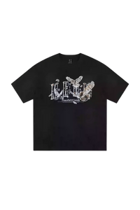 MEDM SS25 Lace Pigeon Gem Tee in black featuring vibrant graphic design with intricate details