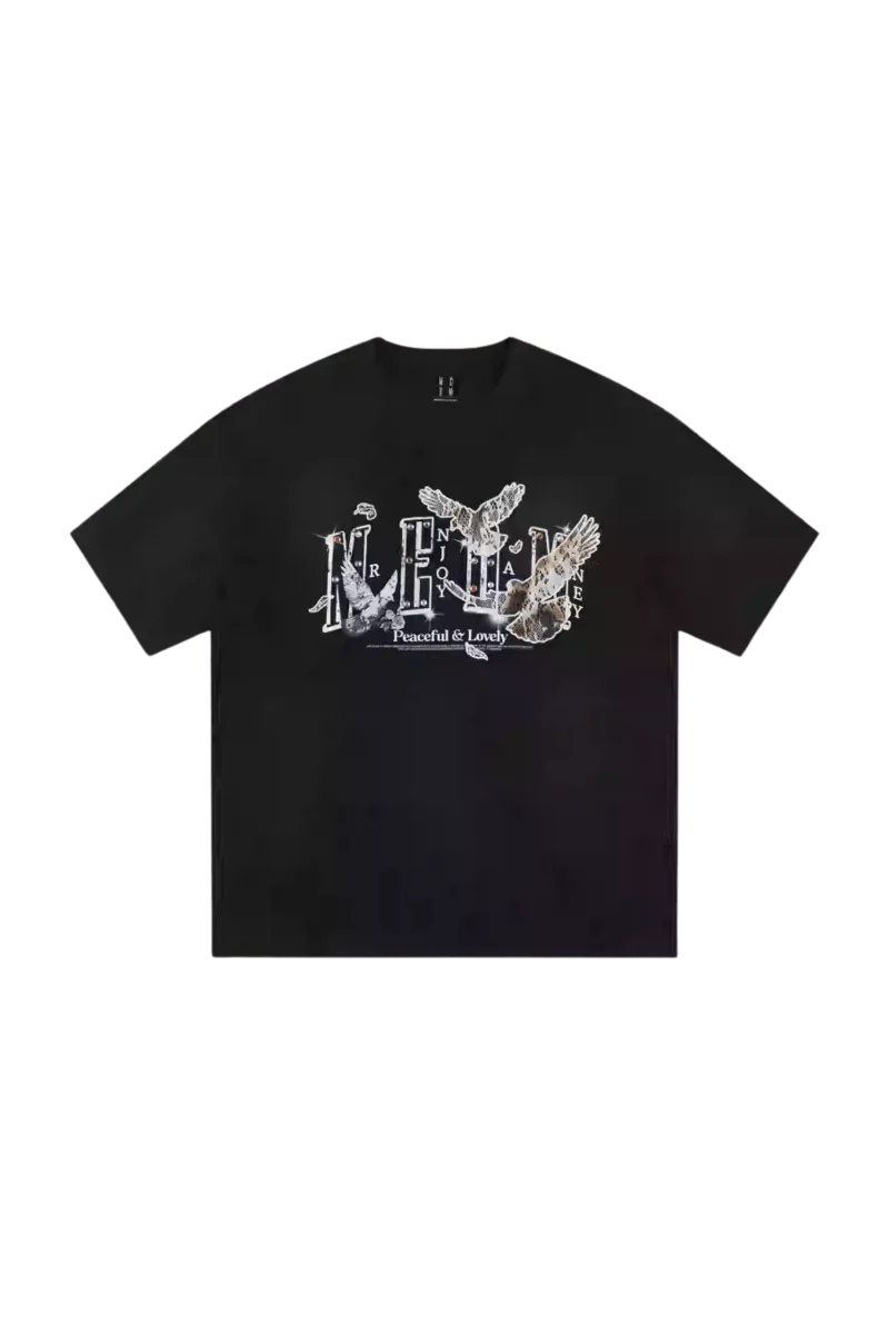 MEDM SS25 Lace Pigeon Gem Tee in black featuring vibrant graphic design with intricate details