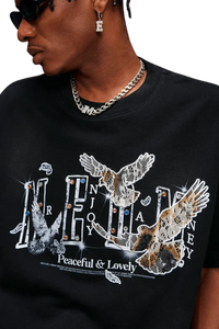 MEDM SS25 Lace Pigeon Gem Tee in black featuring graphic design and unique embellishments