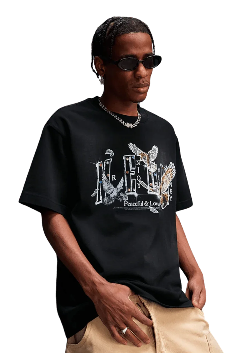 MEDM SS25 Lace Pigeon Gem Tee in black featuring unique graphic design and relaxed fit