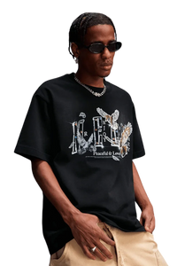 MEDM SS25 Lace Pigeon Gem Tee in black featuring unique graphic design and relaxed fit