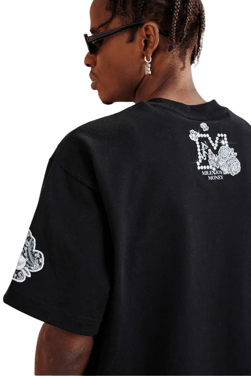 MEDM SS25 Laced Rhinestone Tee in black featuring unique designs and a relaxed fit