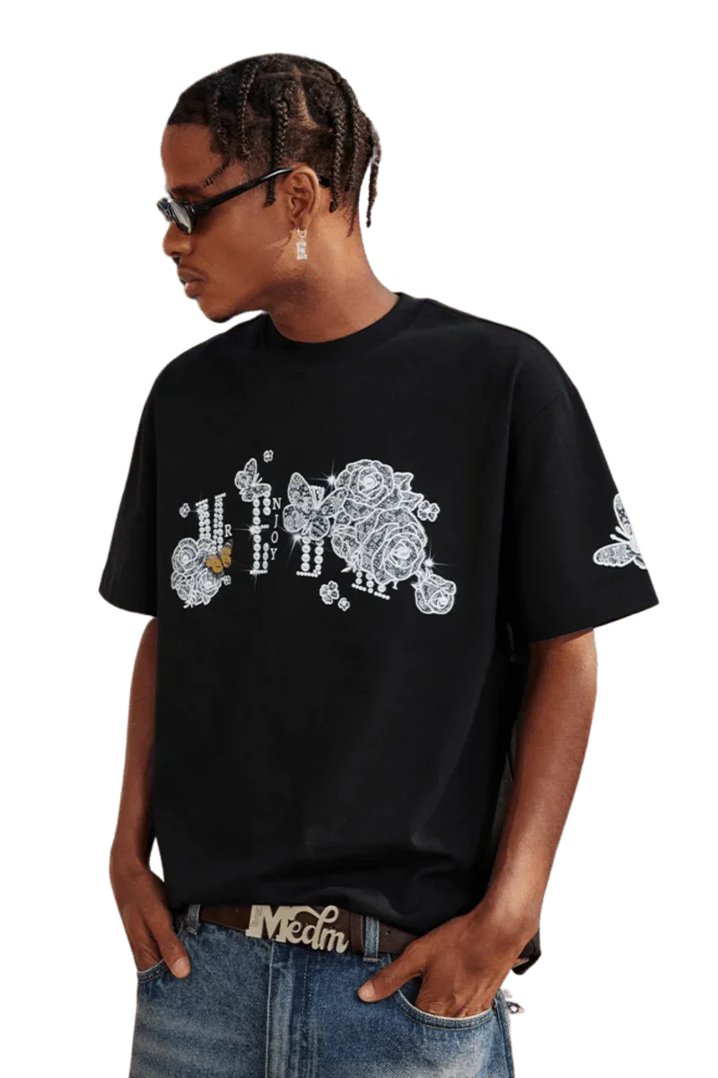 Stylish black MEDM SS25 Laced Rhinestone Tee featuring floral designs and comfortable fit