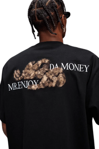 MEDM SS25 Leopard Fur Big M Tee featuring bold logo design and unique fur texture on a black shirt
