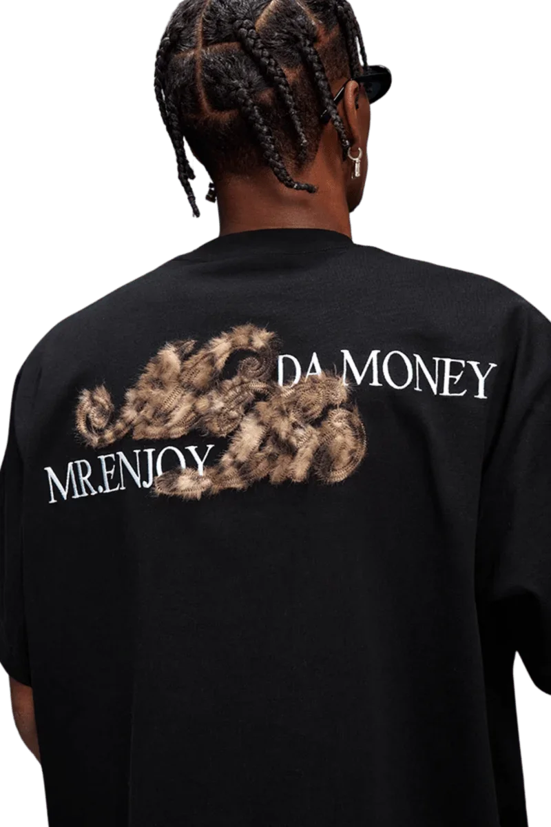 MEDM SS25 Leopard Fur Big M Tee featuring bold logo design and unique fur texture on a black shirt