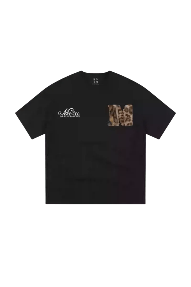 MEDM SS25 Leopard Fur Big M Tee in black with a stylish leopard print pocket for casual wear