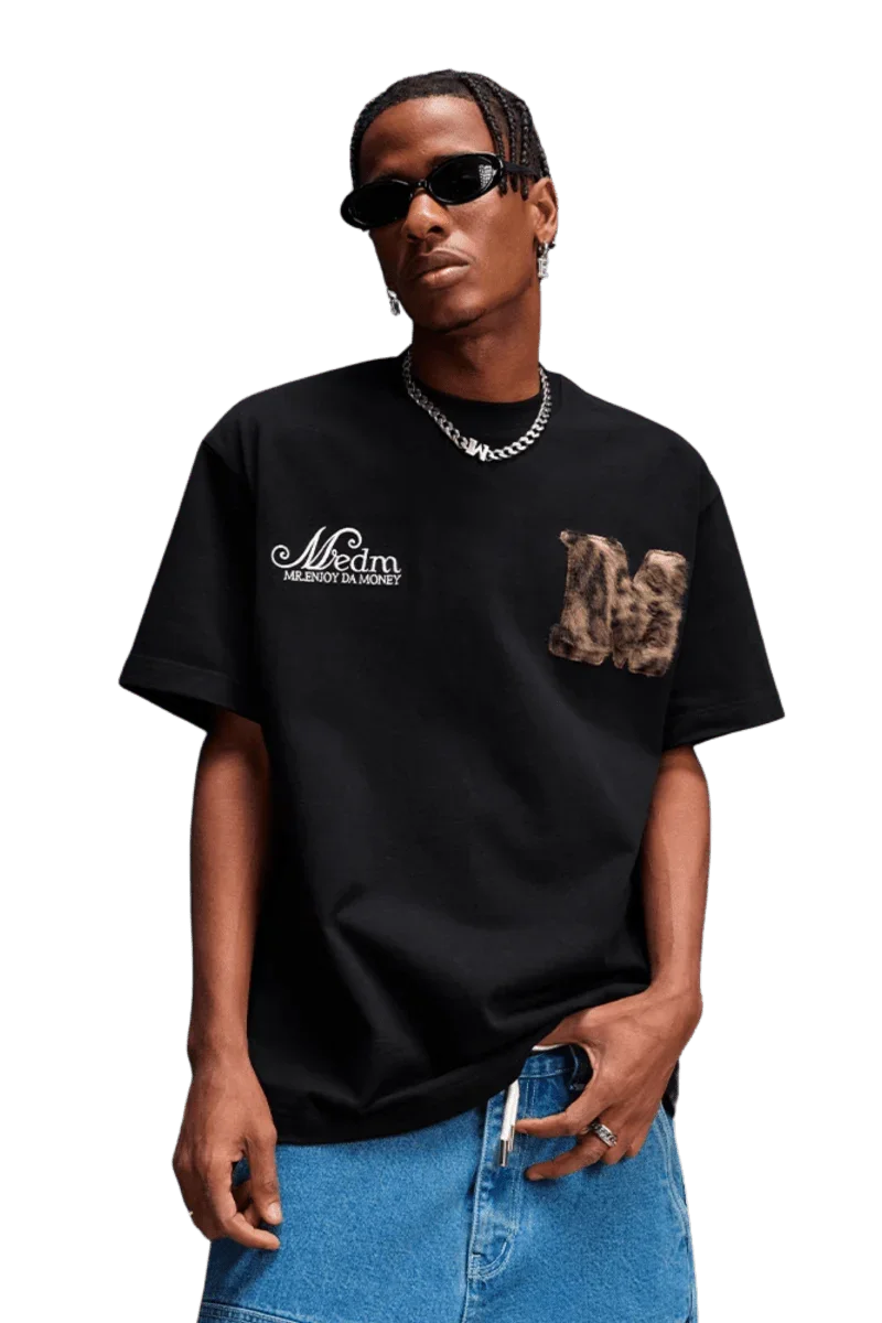 MEDM SS25 Leopard Fur Big M Tee in Black with Graphic Design on the Side
