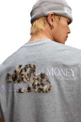 MEDM SS25 Leopard Fur Big M Tee featuring a unique leopard print design on a gray background.
