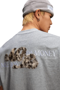 MEDM SS25 Leopard Fur Big M Tee featuring a unique leopard print design on a gray background.